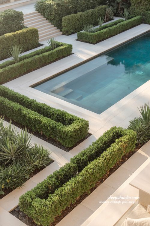 Modern rectangle pool with geometric landscaping and symmetrical garden design ideas for luxury backyards