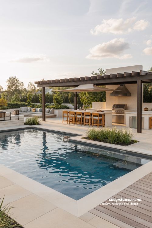 Modern rectangle pool with outdoor kitchen and covered patio living area design ideas for entertaining**