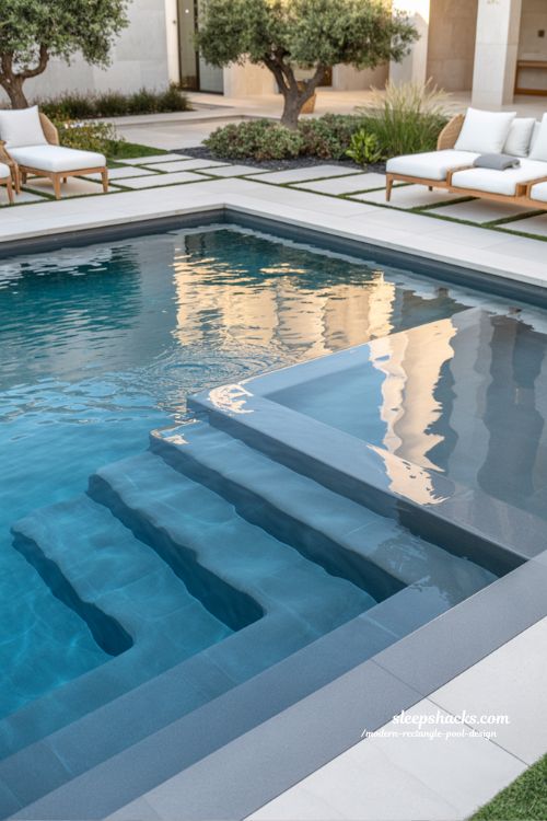 Modern rectangle pool with resort depth shallow end and luxury vinyl step entry design