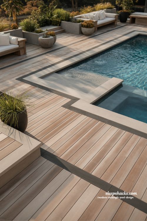 Modern rectangle pool with stamped concrete decking and cantilever edge design ideas