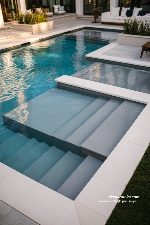 Modern rectangle pool with vinyl covered full width steps and square corner design ideas