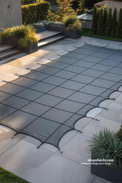 Modern rectangle pool with winter safety cover and low maintenance backyard design ideas for all seasons