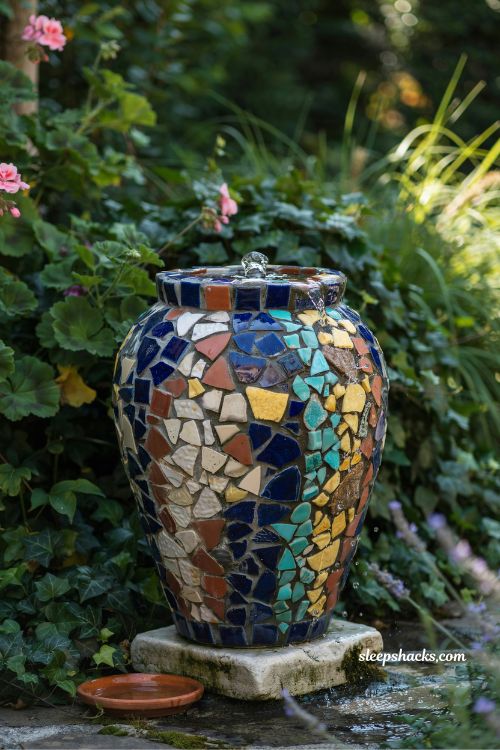 Mosaic pot fountain diy garden water feature colorful ceramic tile bubbling fountain garden art idea