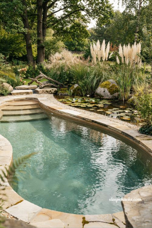 Natural backyard swimming pool with garden-style ecological design surrounded by lush plants and stone creating a serene organic outdoor retreat