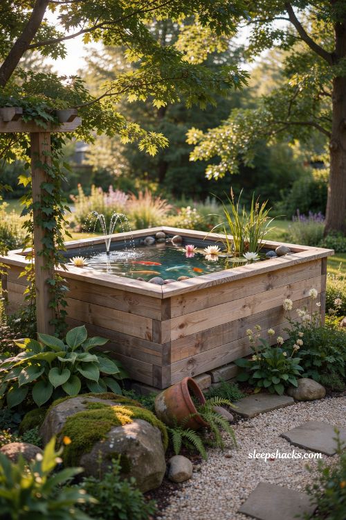 Old hot tub converted into a beautiful above ground garden pond 