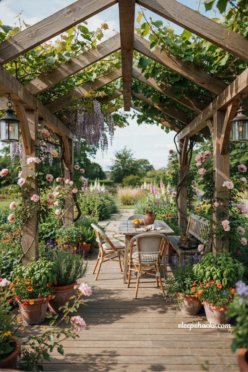 Open timber frame deck with climbing vines for natural summer shade