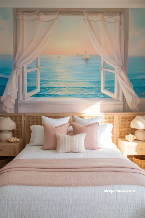 Open window coastal canvas art above bed in pink coastal bedroom with sea view illusion
