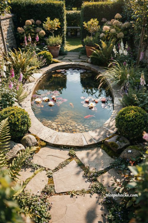 Oval in ground mini pond ideas with a natural flagstone surround 