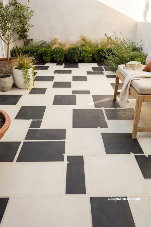 Painted patio tile idea with bold geometric pattern and modern outdoor design