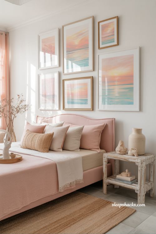 Pastel sunset wall art gallery in a pink coastal bedroom with blush and ocean inspired decor