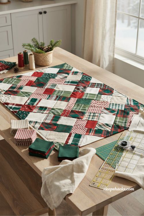 Patchwork plaid Christmas quilt made with simple square blocks and festive colors