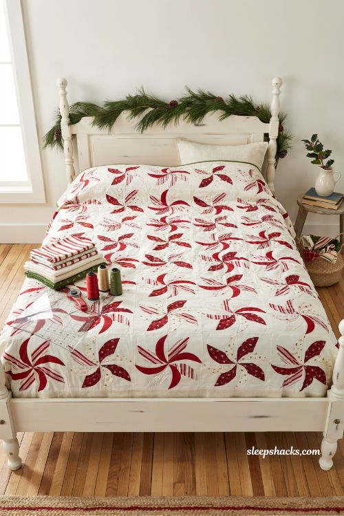 Peppermint pinwheels Christmas quilt in classic red and white farmhouse style