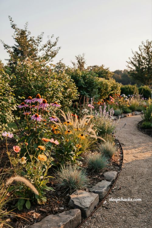 Perennial garden bed ideas with coneflowers lavender and natural cottage style landscaping