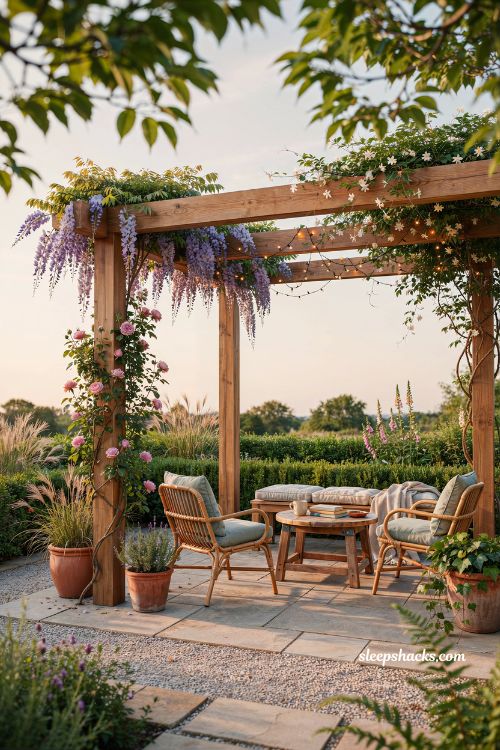 Pergola diy backyard idea with climbing plants and cozy outdoor seating design
