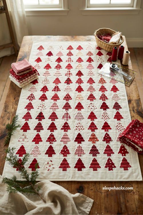 Pine hollow patchwork forest Christmas quilt in red and white farmhouse style