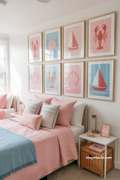 Pink and blue preppy coastal wall art set in a teen dorm room with bold beachy decor