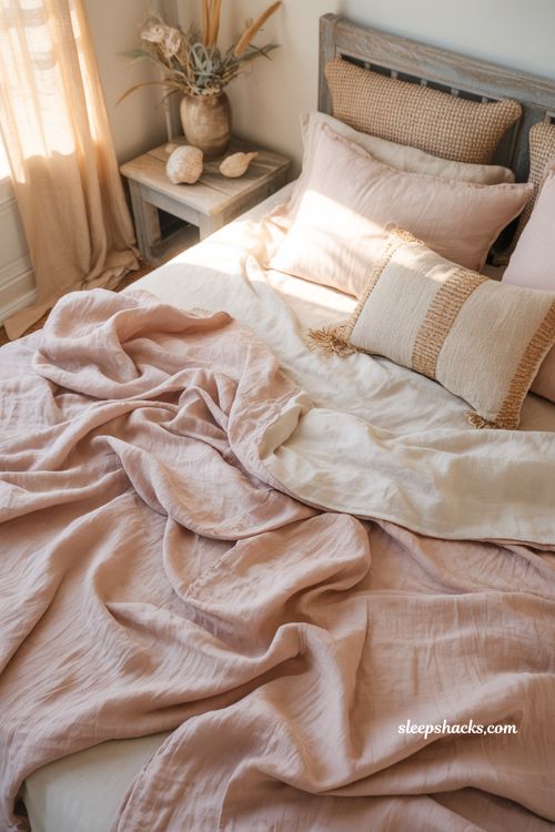 Pink coastal bedroom ideas with blush linen bedding and coastal granddaughter style decor (1)