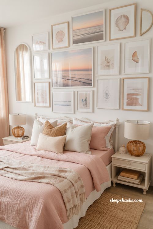 Pink coastal gallery wall with mixed art styles above bed in soft beach inspired bedroom