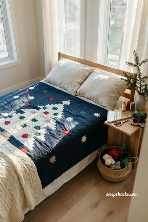 Pixelated Christmas tree quilt made with scrappy squares in modern navy and white design