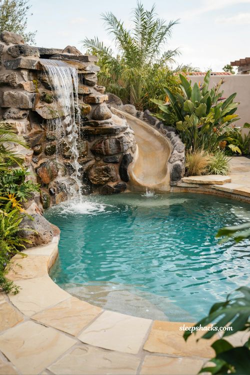 Pool with rock waterfall slide tropical backyard design for families natural lagoon style inground pool fun resort outdoor living with slide and rockscape