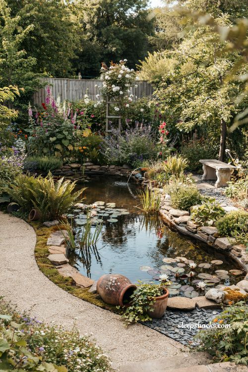 Preformed inground mini pond ideas with natural stone edging 