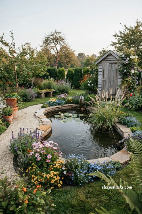 Preformed pond form idea with natural stone edging and aquatic plants