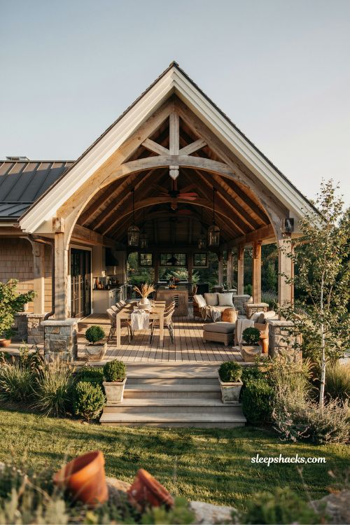 Raised deck with solid gable roof and craftsman wood details