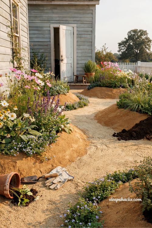 Raised flower beds without wooden frames for affordable front yard landscaping