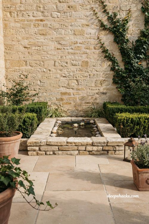 Raised formal mini pond ideas with natural paving stone surround 