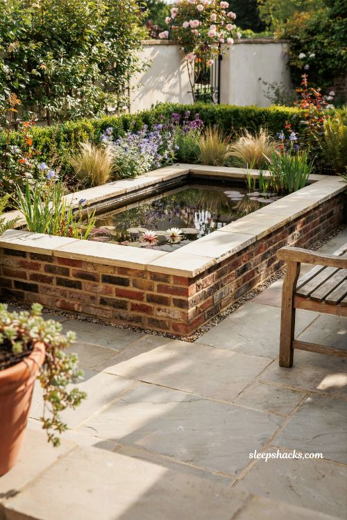Raised timber and brick pond idea beside patio with clean modern garden design
