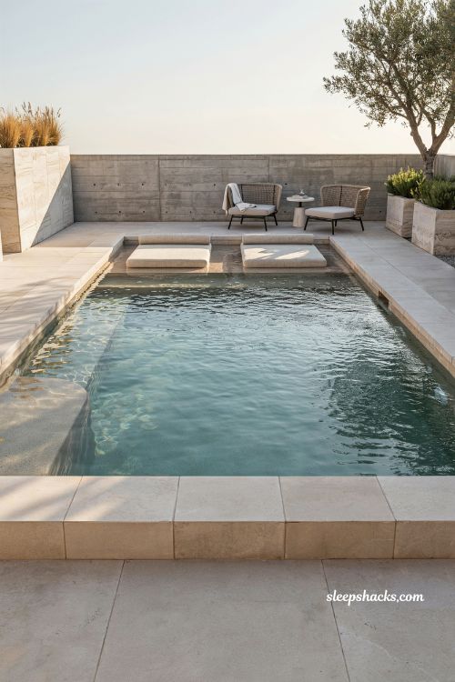 Rectangular pool baja shelf with built in in water loungers design idea