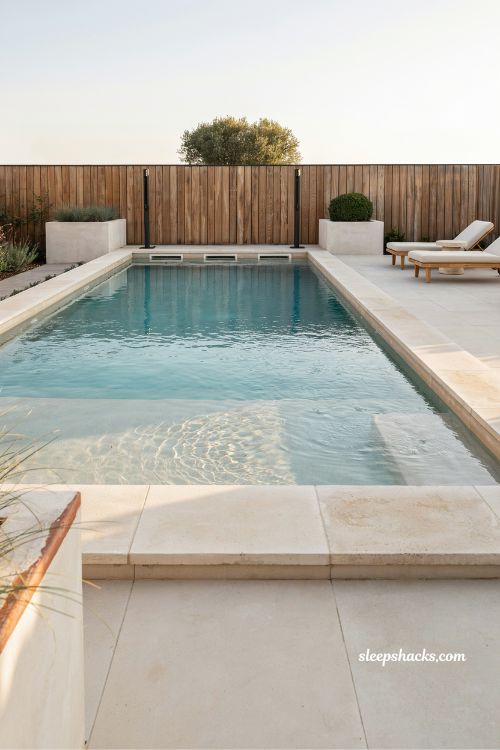 Rectangular pool baja shelf with built in umbrella sleeves idea