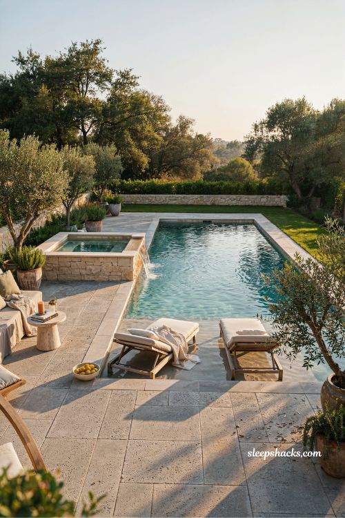 Rectangular pool ideas with spa and baja shelf for a modern backyard retreat