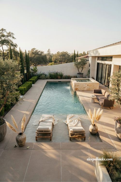 Rectangular pool with raised corner spa and opposite baja shelf design