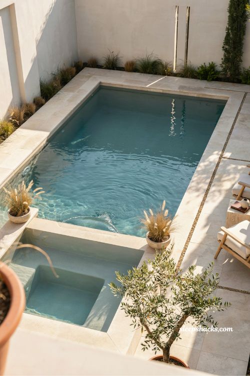 Rectangular pool with spillover spa connected design idea for backyard retreat