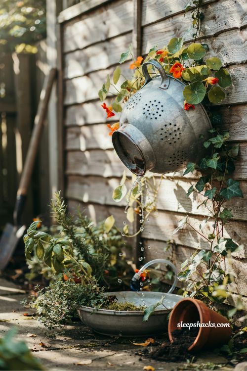 Repurposed colander water fountain diy garden wall feature dripping rain kitchen garden idea