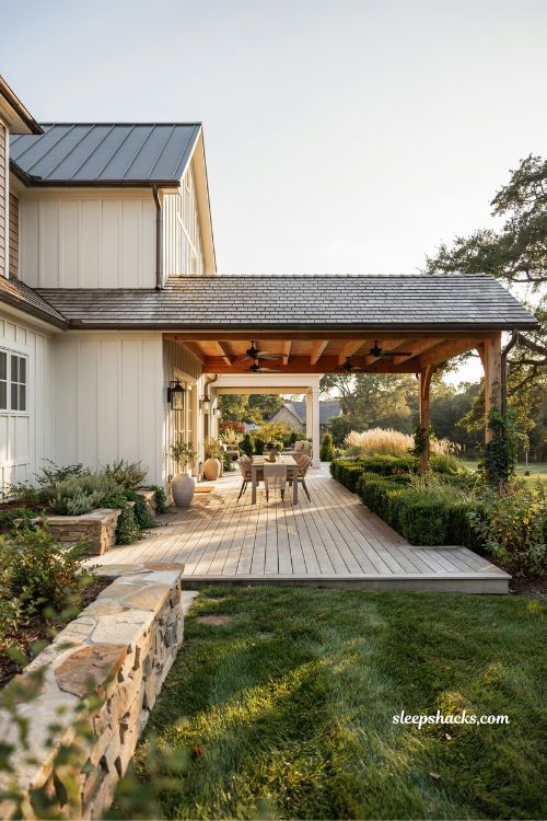 Roof extension deck design that flows seamlessly from the home's roofline