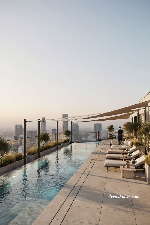 Rooftop pool and amenity deck with city skyline views and modern design