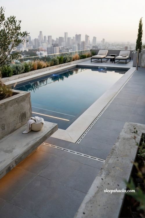 Rooftop pool design for apartments with modern minimalist urban terrace and skyline views