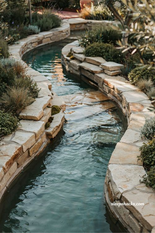 Rustic lazy river with natural stone edging backyard organic pool design ideas