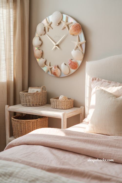 Seashell and starfish wall clock in a pink coastal bedroom with blush beach house decor