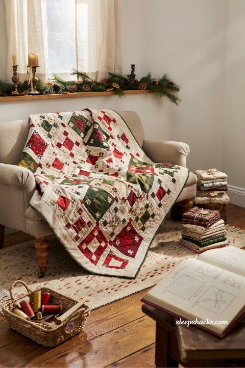 Simple quick cornerstones Christmas quilt made with charm squares and holiday fabrics