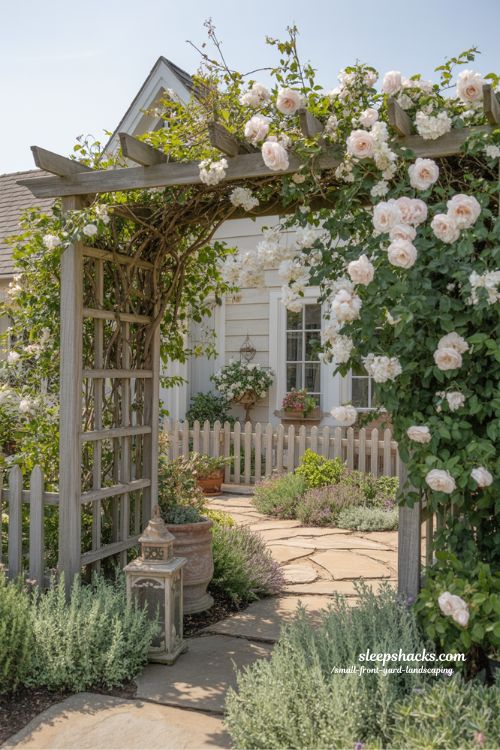 Small front yard landscaping with arbor walkway climbing roses and cottage garden charm