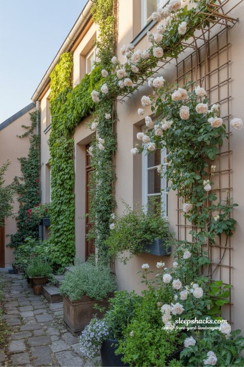 Small front yard landscaping with climbing vines espalier trees and lush vertical garden design