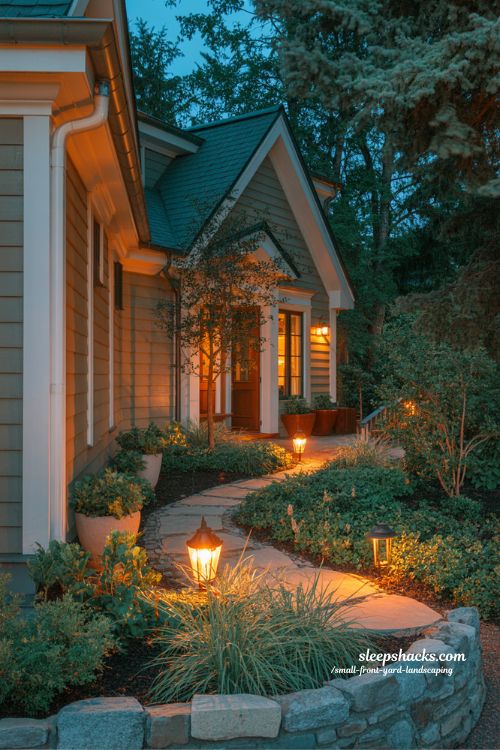 Small front yard landscaping with evening path lighting uplighted trees and warm curb appeal