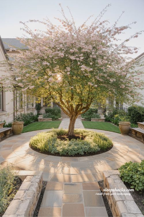 Small front yard landscaping with focal point tree and circular stone pathway design