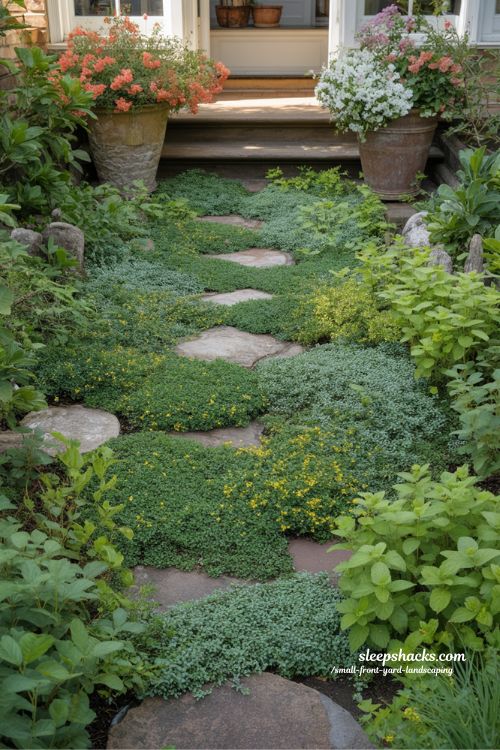 Small front yard landscaping with groundcovers instead of grass and colorful porch planters
