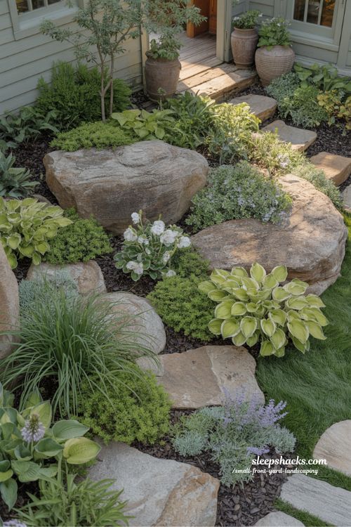 Small front yard landscaping with large boulders hostas and natural stone garden structure