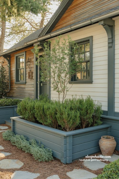 Small front yard landscaping with matching raised planter boxes and evergreen layered design