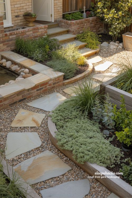 Small front yard landscaping with mixed materials flagstone river rock and layered garden textures